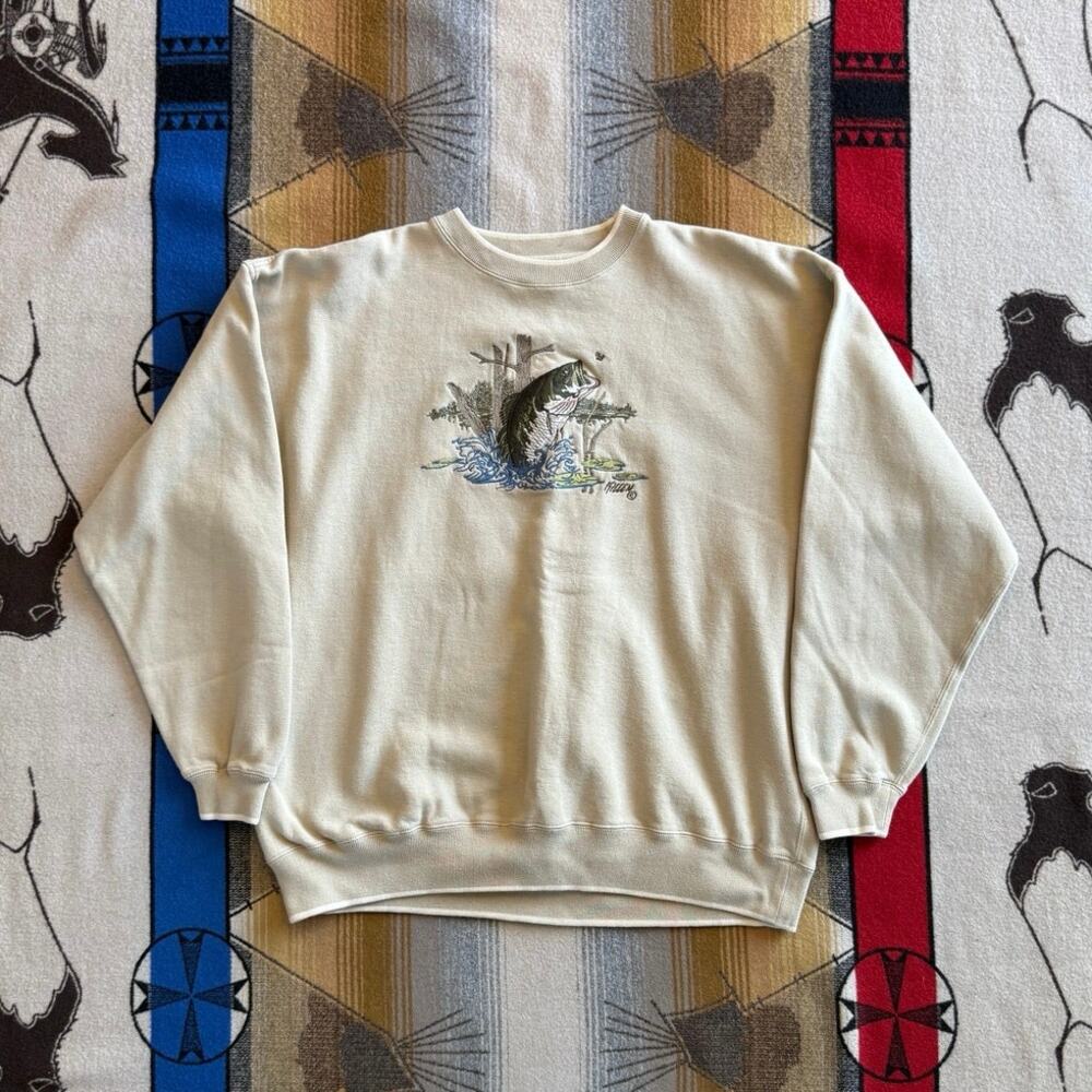 Vintage 90s Bass Fishing Outdoor Nature Embroidered Crewneck Sweatshirt Size XL